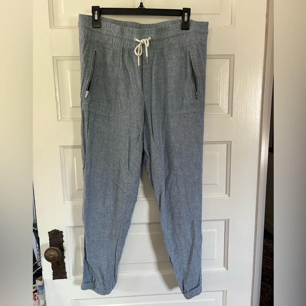 Athleta Light Blue 100% Linen Cabo Joggers with Zipper Pockets, Tie Waist. Sz 12